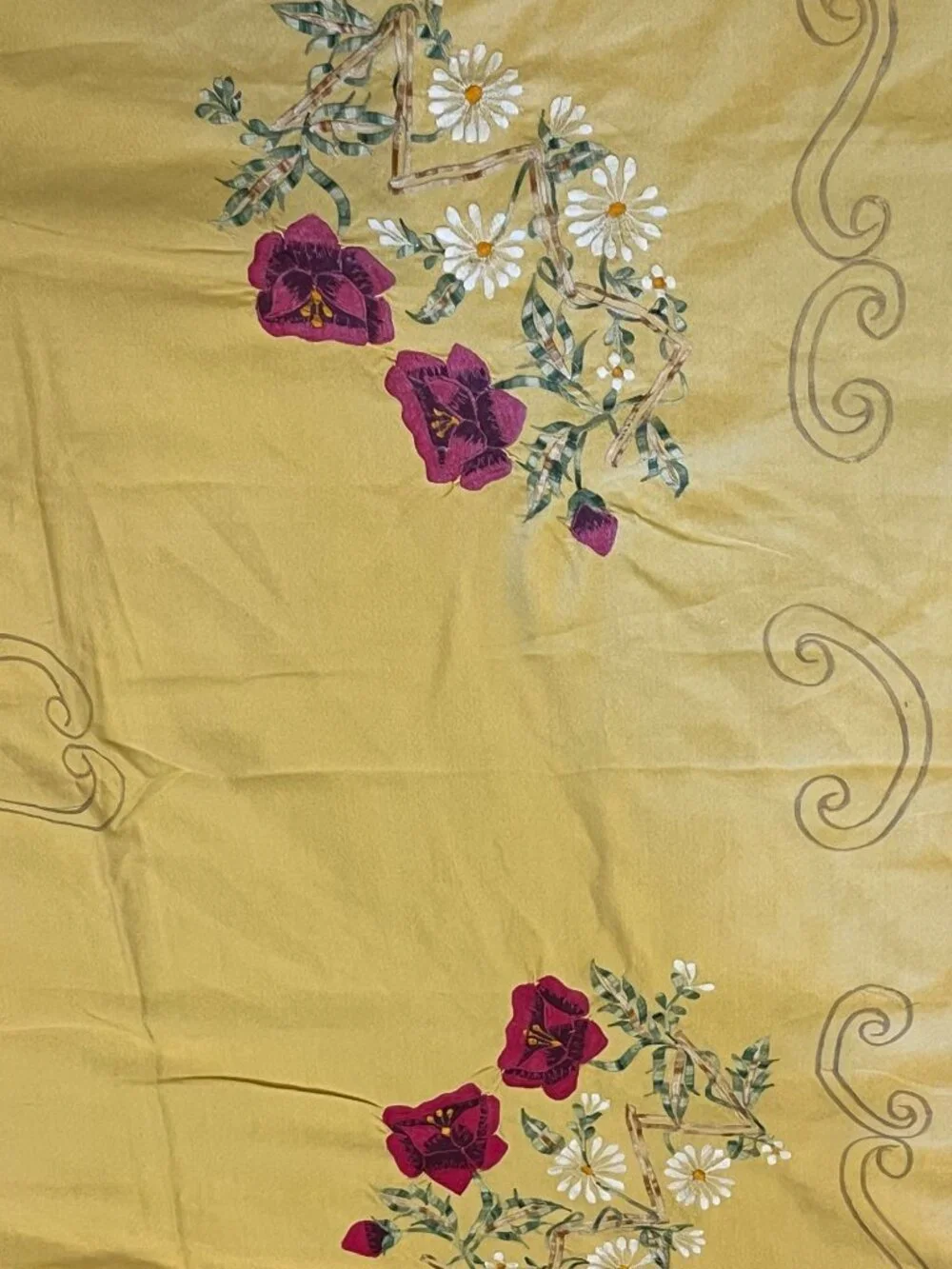 Vintage Yellow Embroidered Floral Tablecloth Rectangle 57